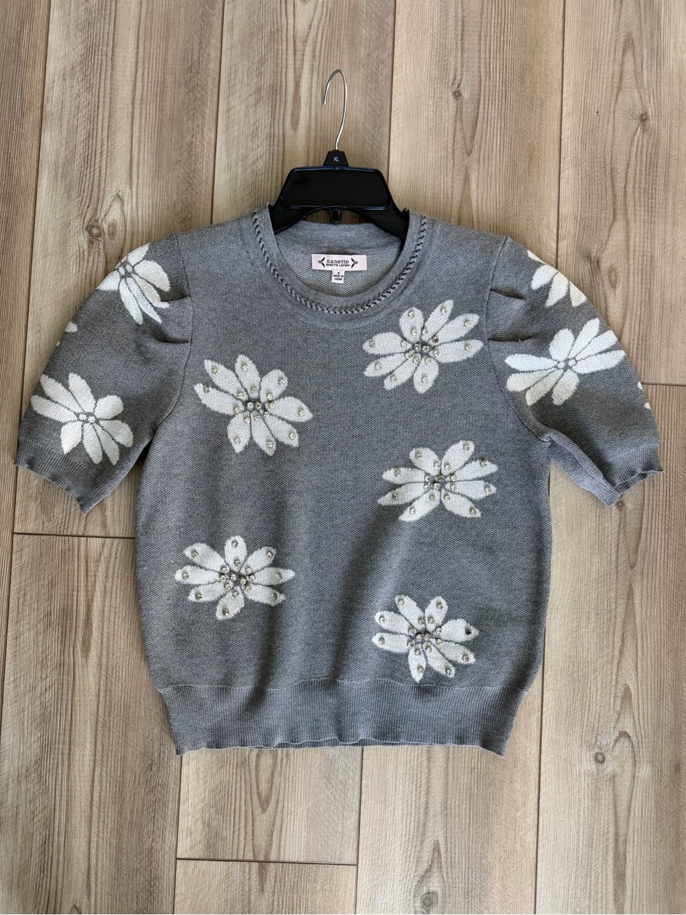 Nanette Lepore Gray Crewneck Floral Jeweled Sweater